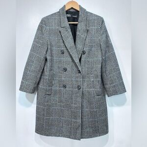 Zara Double Breasted Plaid Black White Houndstooth Cotton Blend Blazer Jacket M